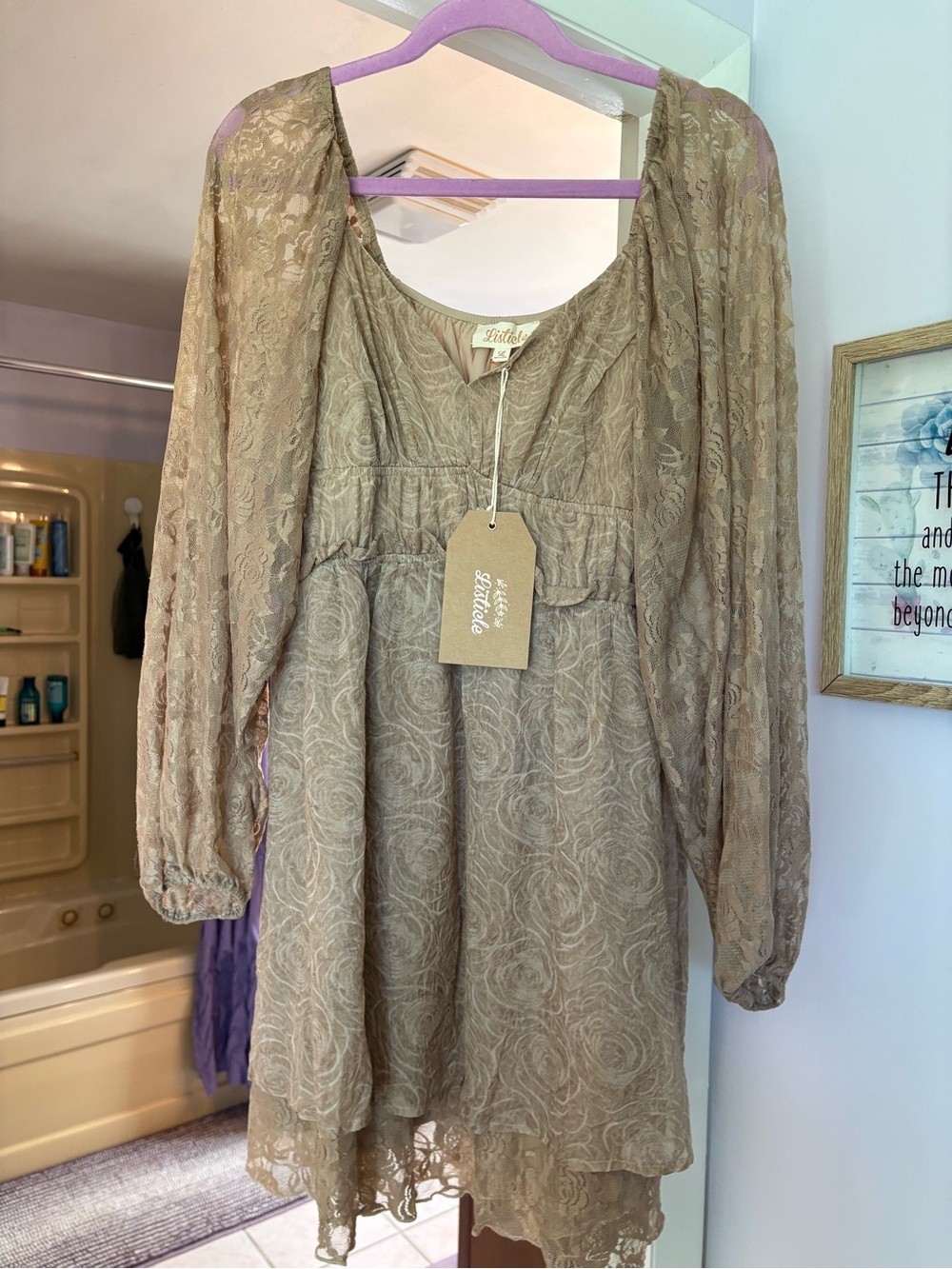 Listicle Beige Lace Long-Sleeve Mini Dress